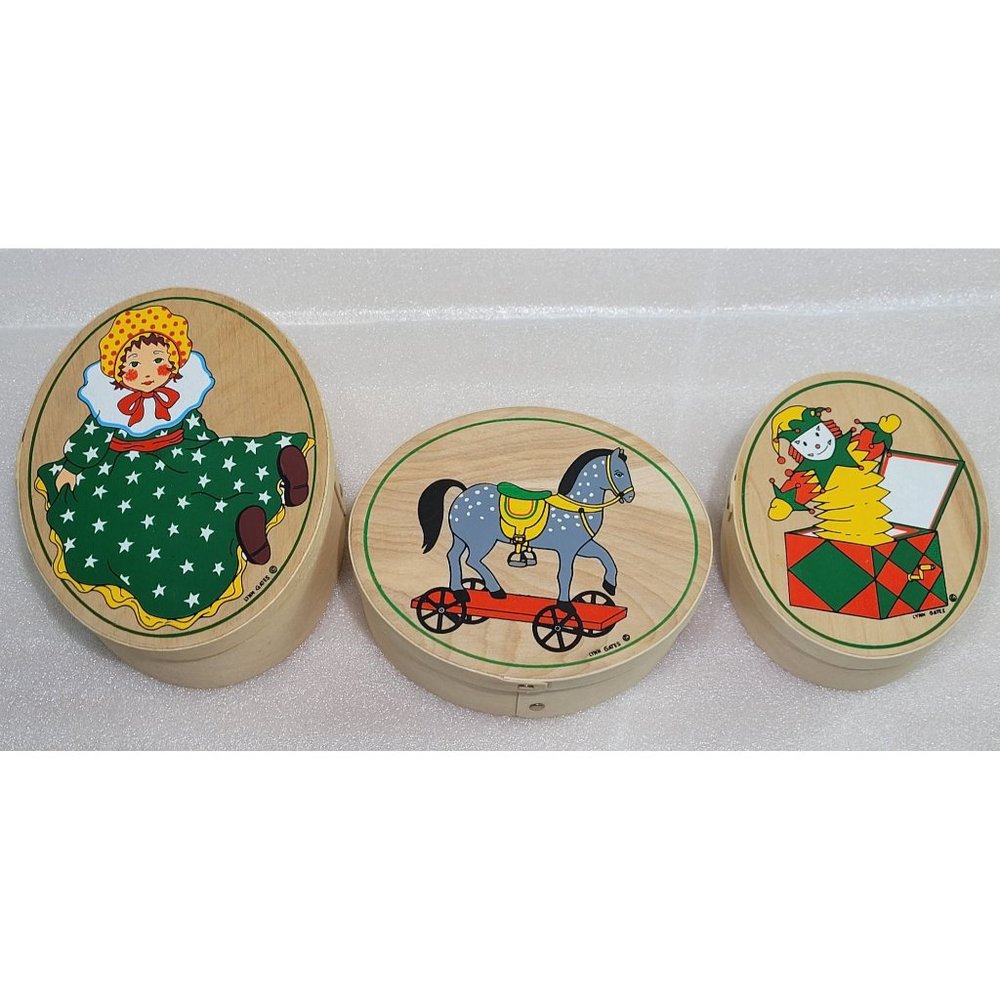 Lynn Gates Nesting Box Set of 3 Oval Painted Toys Doll Rocking Horse Jack in Box
